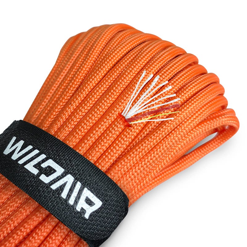 WILDAIR Survival Paracord Parachute Fire Cord Survival Ropes 4-in-1 100Ft 5/32" Diameter U.S. Military Type III with Integrated Fishing Line, Fire-Starter Tinder (Orange) - Image 1